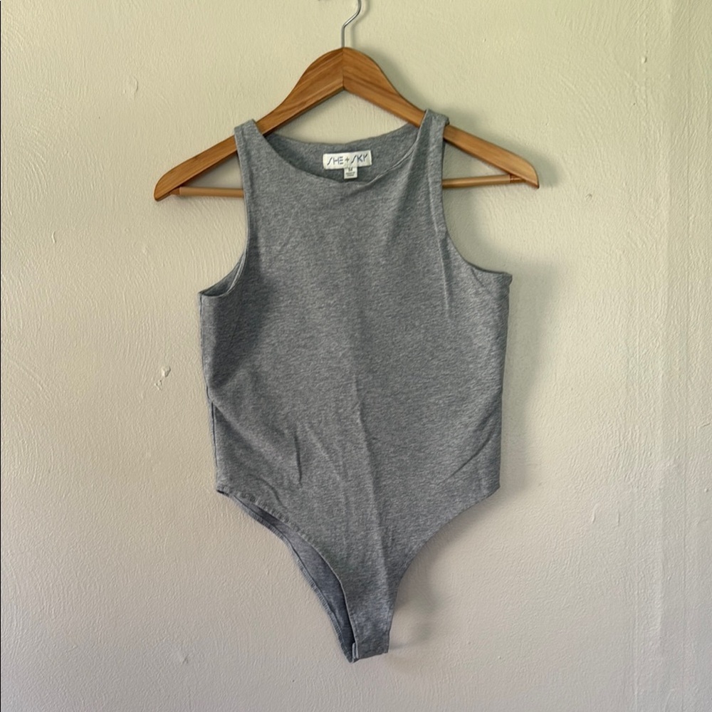 She+Sky Gray Bodysuit with Crew Neck and High-Cut Legs medium